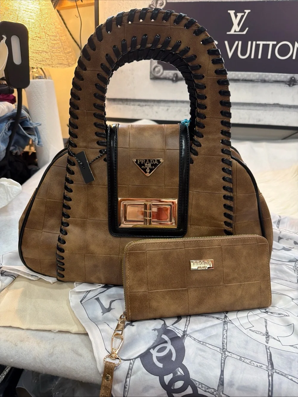 Tan Leather Top-Handle Bag‎ with Matching Wallet